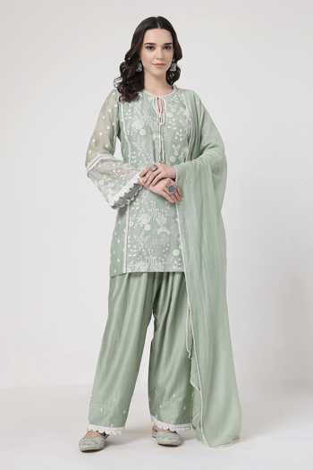 KAPAAS_Green Chanderi Round Neck Lace Embroidered Kurta Set _at_Aza_Fashions