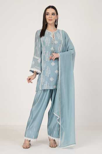 Buy_KAPAAS_Blue Chanderi Round Neck Lace Work Kurta Set _Online_at_Aza_Fashions