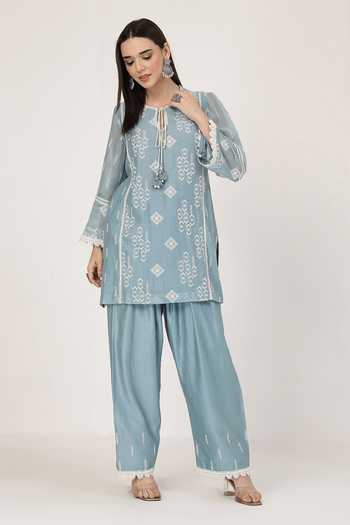 Shop_KAPAAS_Blue Chanderi Round Neck Lace Work Kurta Set _Online_at_Aza_Fashions