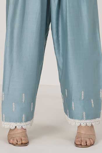 Buy_KAPAAS_Blue Chanderi Round Neck Lace Work Kurta Set 