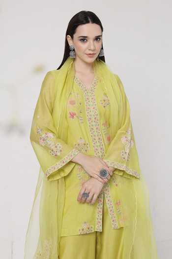 Buy_KAPAAS_Green Organza, Chanderi V-neck, Yes Lime A-line Kurta Set _Online_at_Aza_Fashions