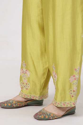 Buy_KAPAAS_Green Organza, Chanderi V-neck, Yes Lime A-line Kurta Set 