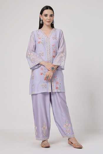 Shop_KAPAAS_Purple Chanderi, Organza V-neck Hand Embroidered Kurta Set _Online_at_Aza_Fashions