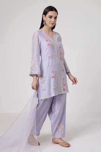KAPAAS_Purple Chanderi, Organza V-neck Hand Embroidered Kurta Set _at_Aza_Fashions