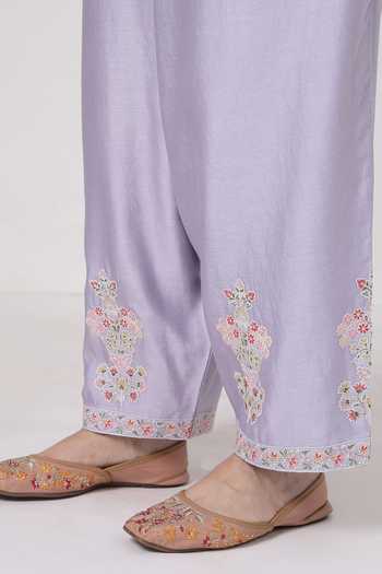 Shop_KAPAAS_Purple Chanderi, Organza V-neck Hand Embroidered Kurta Set 