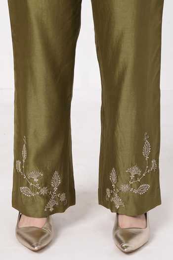 KAPAAS_Olive Green Organza, Chanderi Round Neck A-line Kurta Set _at_Aza_Fashions
