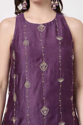 KAPAAS_Organza, Chanderi Round Neck, Yes Violet A-line Kurta Set _at_Aza_Fashions