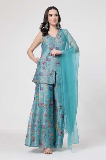 Buy_KAPAAS_Blue Organza, Muslin (mulmul), Tissue V-neck Floral Pattern Kurta Sharara Set _Online_at_Aza_Fashions