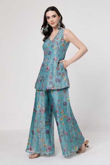 Shop_KAPAAS_Blue Organza, Muslin (mulmul), Tissue V-neck Floral Pattern Kurta Sharara Set _Online_at_Aza_Fashions