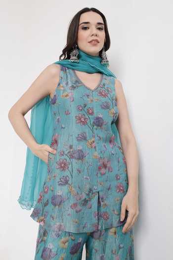 Buy_KAPAAS_Blue Organza, Muslin (mulmul), Tissue V-neck Floral Pattern Kurta Sharara Set 