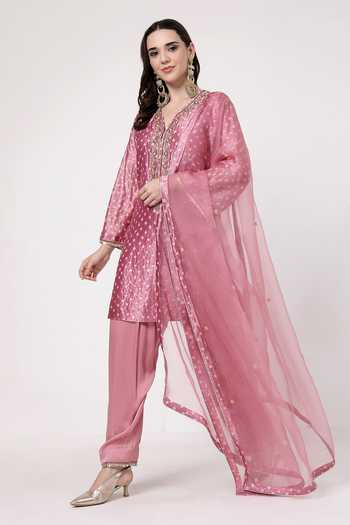 KAPAAS_Pink Silk, Organza, Tissue V-neck, Yes Bandhani Pattern Kurta Set _Online_at_Aza_Fashions