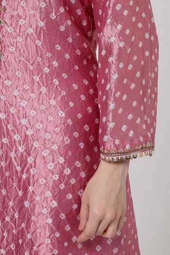 Buy_KAPAAS_Pink Silk, Organza, Tissue V-neck, Yes Bandhani Pattern Kurta Set 