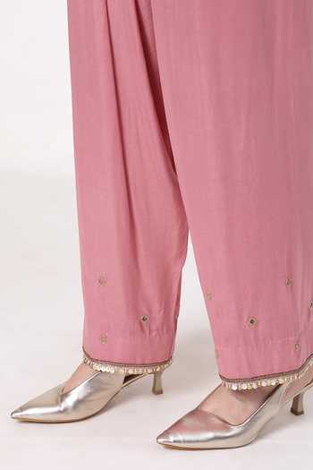 Shop KAPAAS Pink Silk, Organza, Tissue V-neck, Yes Bandhani Pattern Kurta Set Shop_KAPAAS_Pink Silk, Organza, Tissue V-neck, Yes Bandhani Pattern Kurta Set