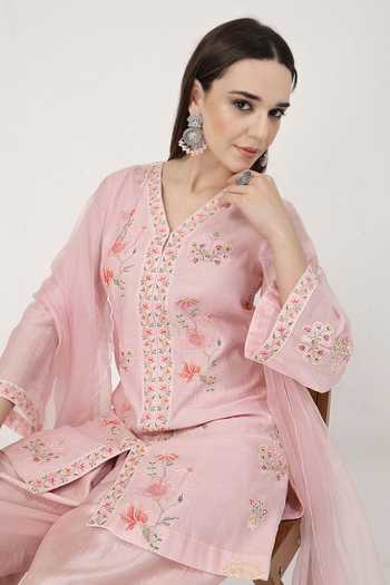 KAPAAS_Pink Organza, Chanderi V-neck, Yes Pearl Kurta Salwar Set _at_Aza_Fashions