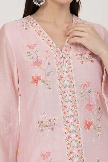 Buy_KAPAAS_Pink Organza, Chanderi V-neck, Yes Pearl Kurta Salwar Set 