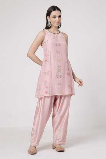 KAPAAS_Pink Organza, Chanderi Round Neck Pearl A-line Kurta Salwar Set _Online_at_Aza_Fashions