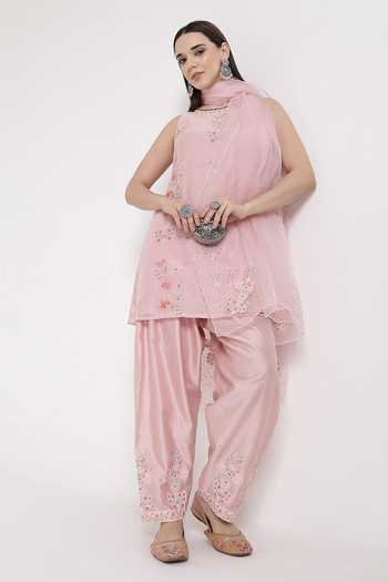 Buy_KAPAAS_Pink Organza, Chanderi Round Neck Pearl A-line Kurta Salwar Set _Online_at_Aza_Fashions