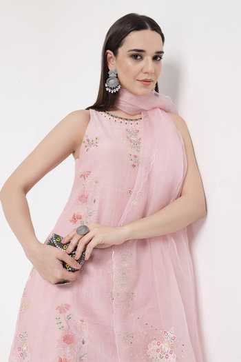Shop_KAPAAS_Pink Organza, Chanderi Round Neck Pearl A-line Kurta Salwar Set _Online_at_Aza_Fashions