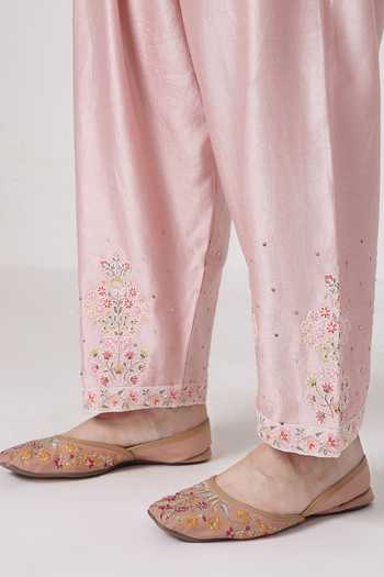 Buy_KAPAAS_Pink Organza, Chanderi Round Neck Pearl A-line Kurta Salwar Set 