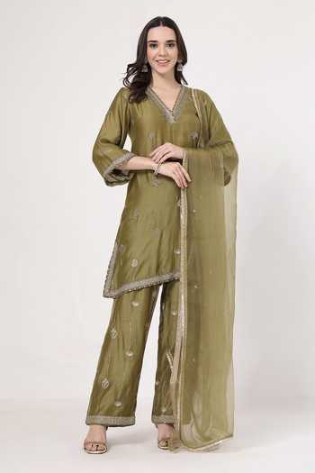 KAPAAS Olive Green Embroidered Kurta Set 