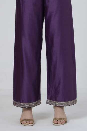Buy_KAPAAS_Purple Organza, Chanderi V-neck Violet Embroidered Kurta Set _Online_at_Aza_Fashions