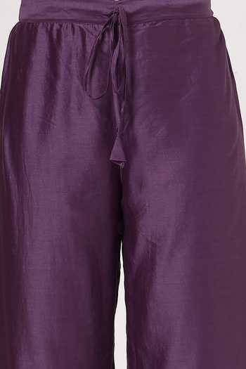 KAPAAS_Purple Organza, Chanderi V-neck Violet Embroidered Kurta Set _at_Aza_Fashions