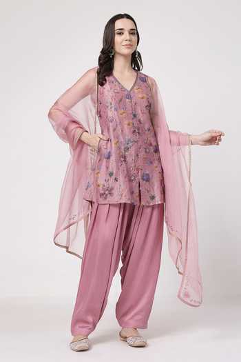 Shop_KAPAAS_Pink Organza, Satin, Tissue V-neck, Yes Embroidered Kurta Salwar Set _Online_at_Aza_Fashions