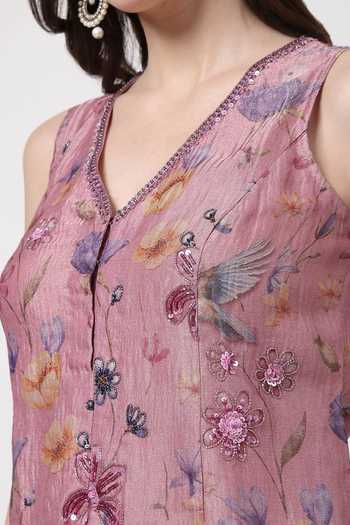 KAPAAS_Pink Organza, Satin, Tissue V-neck, Yes Embroidered Kurta Salwar Set _at_Aza_Fashions