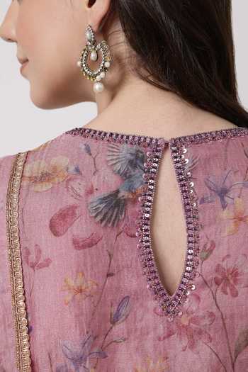 Buy_KAPAAS_Pink Organza, Satin, Tissue V-neck, Yes Embroidered Kurta Salwar Set 
