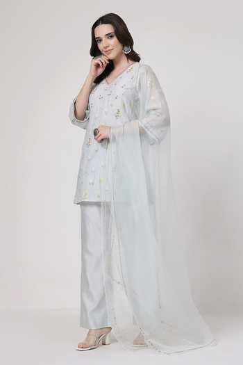 Buy_KAPAAS_Blue Organza, Chanderi V-neck, Yes Mint A-line Kurta Set _Online_at_Aza_Fashions