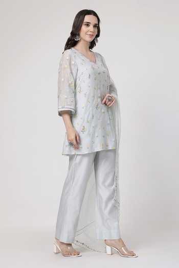 KAPAAS_Blue Organza, Chanderi V-neck, Yes Mint A-line Kurta Set _at_Aza_Fashions