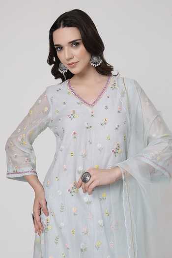 Buy_KAPAAS_Blue Organza, Chanderi V-neck, Yes Mint A-line Kurta Set 