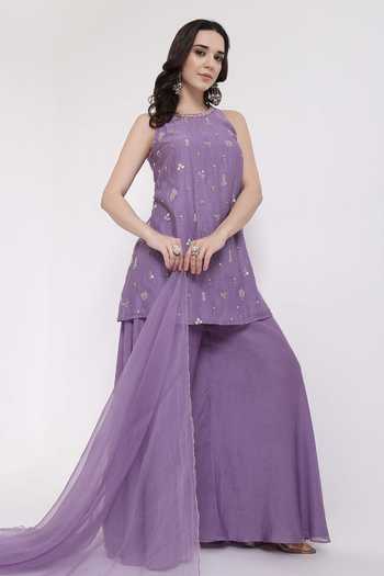 KAPAAS_Purple Organza, Chanderi Round Neck Lilac Embroidered Kurta Sharara Set _Online_at_Aza_Fashions
