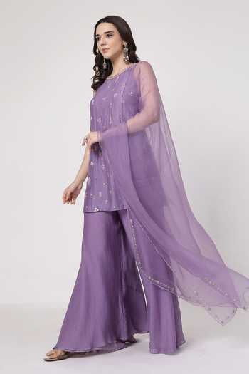 Buy_KAPAAS_Purple Organza, Chanderi Round Neck Lilac Embroidered Kurta Sharara Set 