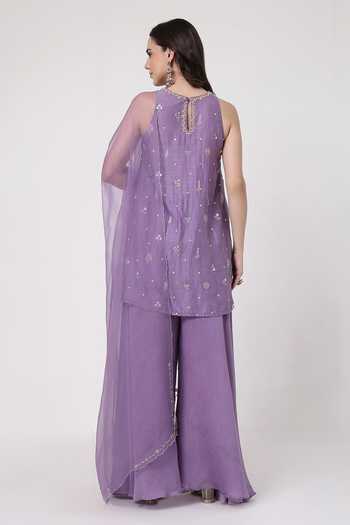 KAPAAS Lilac Embroidered Kurta Sharara Set 
