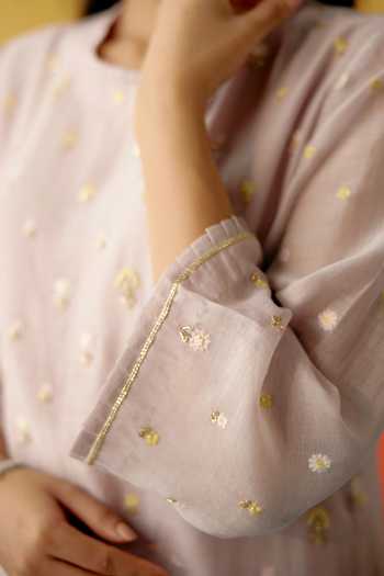 KAPAAS Purple Organza, Chanderi, Muslin Round Neck Kamal Frill Long Kurta Set Online at Aza Fashions KAPAAS_Purple Organza, Chanderi, Muslin Round Neck Kamal Frill Long Kurta Set _Online_at_Aza_Fashions