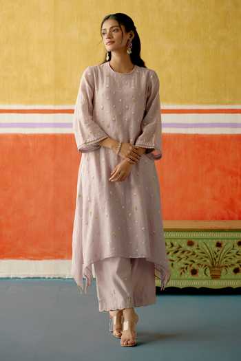 Shop KAPAAS Purple Organza, Chanderi, Muslin Round Neck Kamal Frill Long Kurta Set Online at Aza Fashions Shop_KAPAAS_Purple Organza, Chanderi, Muslin Round Neck Kamal Frill Long Kurta Set _Online_at_Aza_Fashions