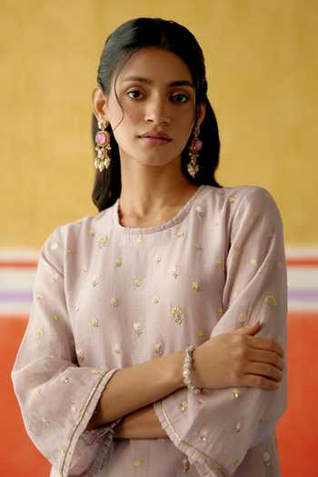 KAPAAS Purple Organza, Chanderi, Muslin Round Neck Kamal Frill Long Kurta Set at Aza Fashions KAPAAS_Purple Organza, Chanderi, Muslin Round Neck Kamal Frill Long Kurta Set _at_Aza_Fashions
