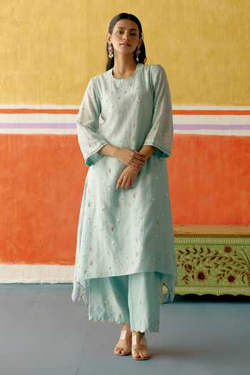 KAPAAS_Blue Organza, Chanderi Round Neck Embroidered Kurta Pant Set _Online_at_Aza_Fashions