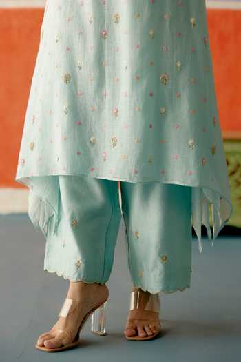 Shop_KAPAAS_Blue Organza, Chanderi Round Neck Embroidered Kurta Pant Set _Online_at_Aza_Fashions