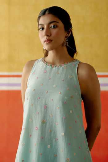 KAPAAS Blue Organza, Chanderi Round Neck Neelam Embroidered Kurta Sharara Set Online at Aza Fashions KAPAAS_Blue Organza, Chanderi Round Neck Neelam Embroidered Kurta Sharara Set _Online_at_Aza_Fashions
