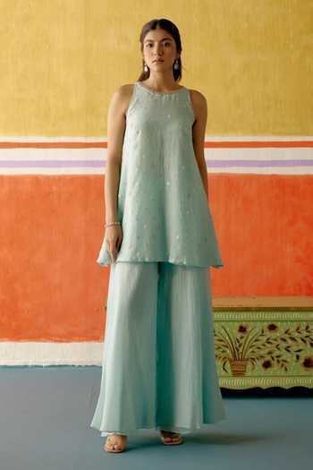 Buy KAPAAS Blue Organza, Chanderi Round Neck Neelam Embroidered Kurta Sharara Set Online at Aza Fashions Buy_KAPAAS_Blue Organza, Chanderi Round Neck Neelam Embroidered Kurta Sharara Set _Online_at_Aza_Fashions