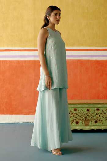 Shop KAPAAS Blue Organza, Chanderi Round Neck Neelam Embroidered Kurta Sharara Set Online at Aza Fashions Shop_KAPAAS_Blue Organza, Chanderi Round Neck Neelam Embroidered Kurta Sharara Set _Online_at_Aza_Fashions
