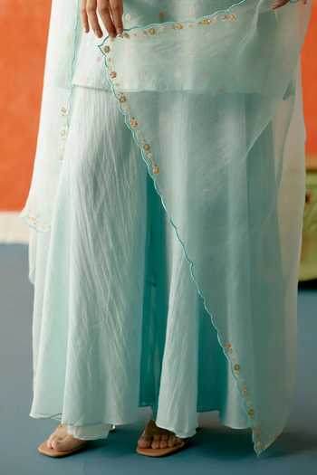 Buy KAPAAS Blue Organza, Chanderi Round Neck Neelam Embroidered Kurta Sharara Set Buy_KAPAAS_Blue Organza, Chanderi Round Neck Neelam Embroidered Kurta Sharara Set