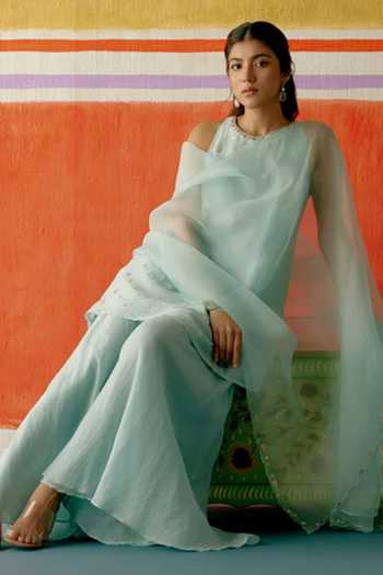 Shop KAPAAS Blue Organza, Chanderi Round Neck Neelam Embroidered Kurta Sharara Set Shop_KAPAAS_Blue Organza, Chanderi Round Neck Neelam Embroidered Kurta Sharara Set