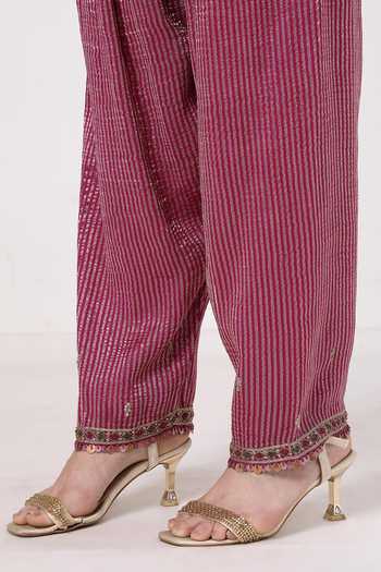 Buy_KAPAAS_Fuchsia Silk, Organza, Tissue V-neck Violet Bandhani Kurta Salwar Set _Online_at_Aza_Fashions
