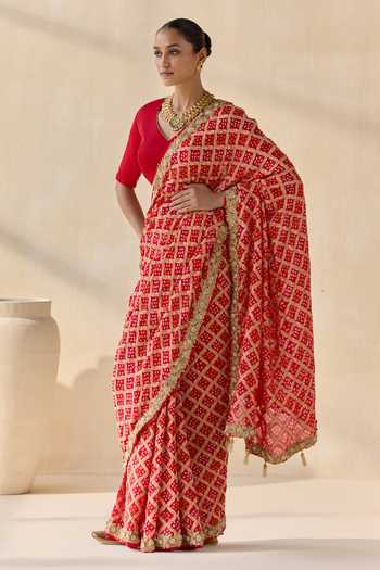 5elements Red Satin, Modal V-neck Sinduri Rekha Embroidered Saree With Blouse Online at Aza Fashions 5elements_Red Satin, Modal V-neck Sinduri Rekha Embroidered Saree With Blouse _Online_at_Aza_Fashions