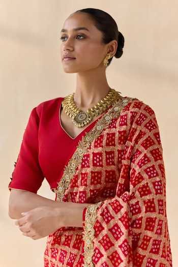 Shop 5elements Red Satin, Modal V-neck Sinduri Rekha Embroidered Saree With Blouse Online at Aza Fashions Shop_5elements_Red Satin, Modal V-neck Sinduri Rekha Embroidered Saree With Blouse _Online_at_Aza_Fashions