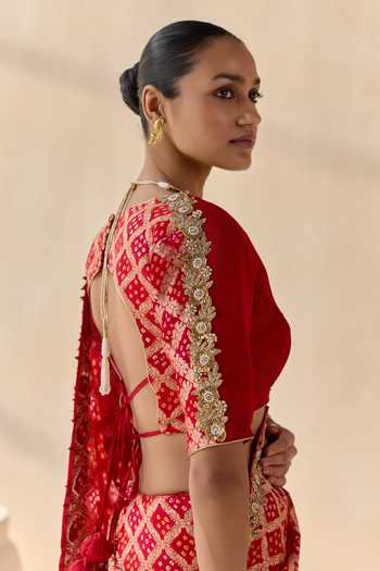 5elements Red Satin, Modal V-neck Sinduri Rekha Embroidered Saree With Blouse at Aza Fashions 5elements_Red Satin, Modal V-neck Sinduri Rekha Embroidered Saree With Blouse _at_Aza_Fashions