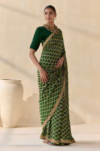 5elements_Green Satin, Modal Round Neck Haritrekha Geometric Pattern Saree With Blouse _at_Aza_Fashions